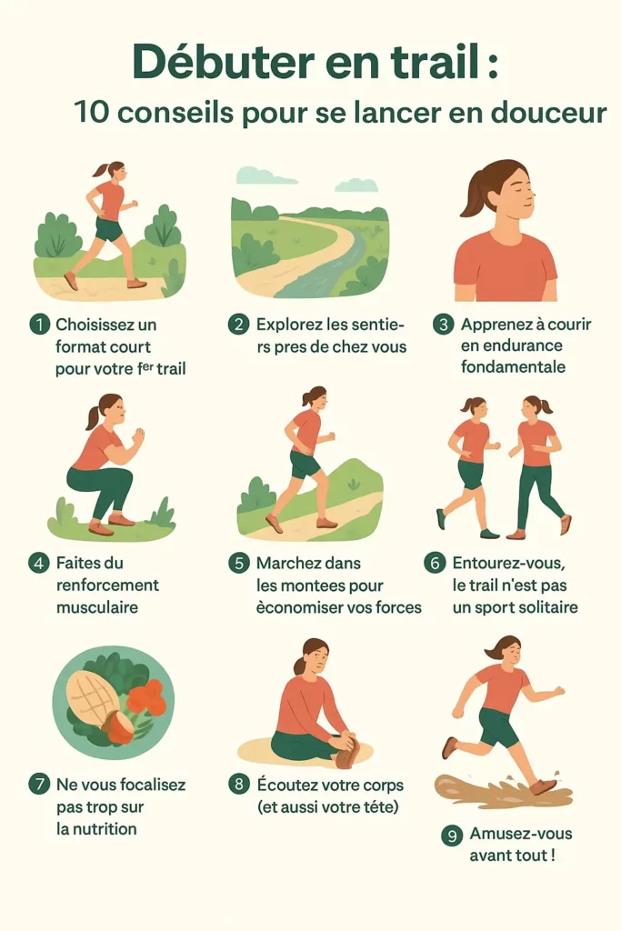Infographie illustrée qui donne 10 conseils pour débuter en trail en douceur : choisir un trail de moins de 10 km comme 1re course, explorer les sentiers près de chez soi, apprendre à courir en endurance fondamentale, faire du renforcement musculaire, marcher dans les montées, s’entourer, avoir une alimentation équilibrée, écouter son corps et sa tête, et surtout s’amuser.
